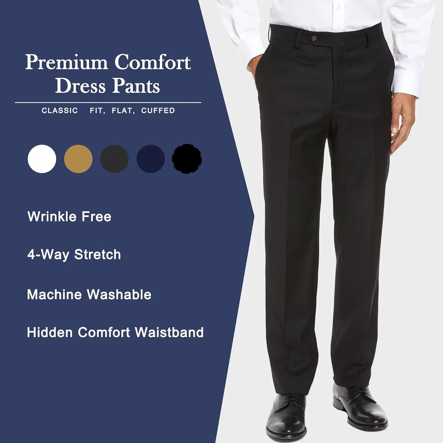 Mens Classic Fit Flat Front Hidden Expandable Waist Dress Pants No Iron Suit Pants
