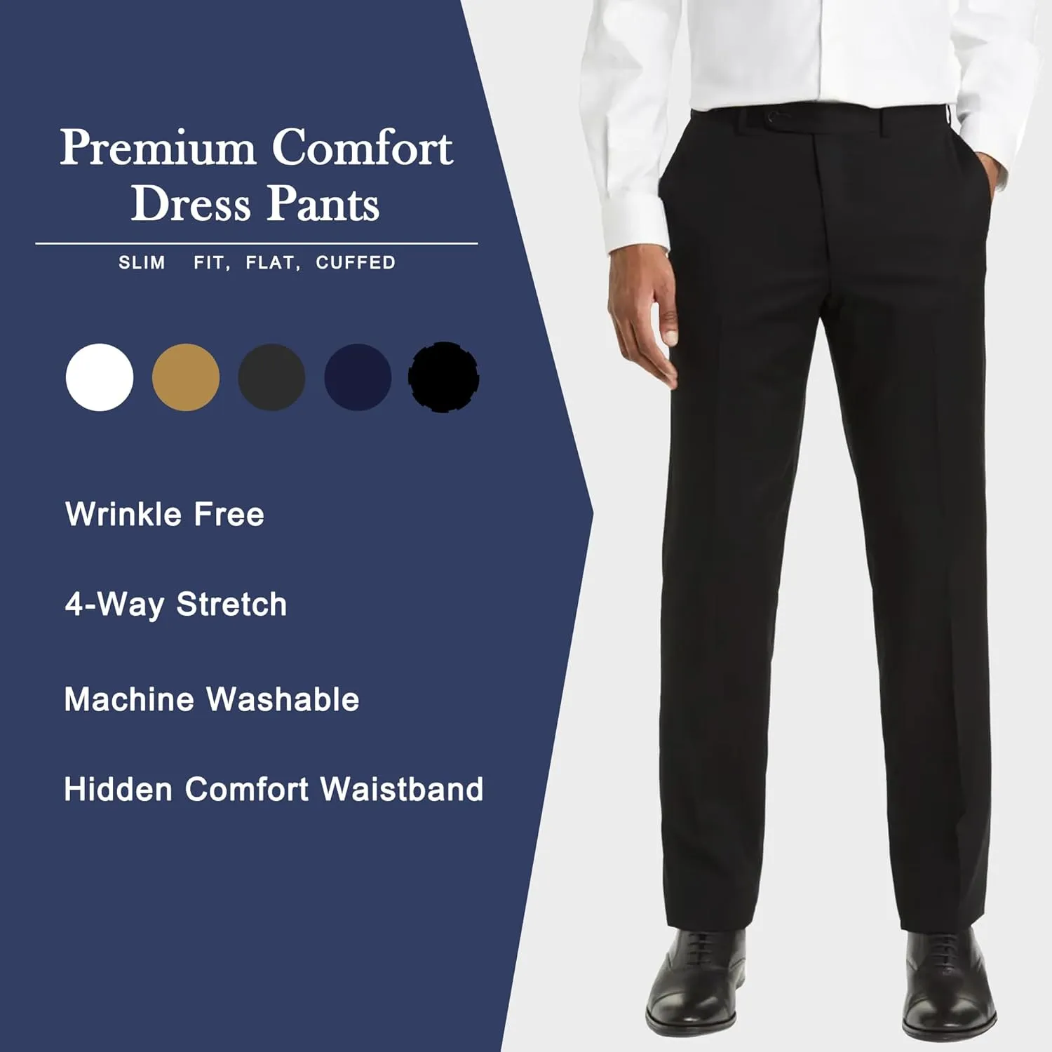 Mens Classic Fit Flat Front Hidden Expandable Waist Dress Pants No Iron Suit Pants
