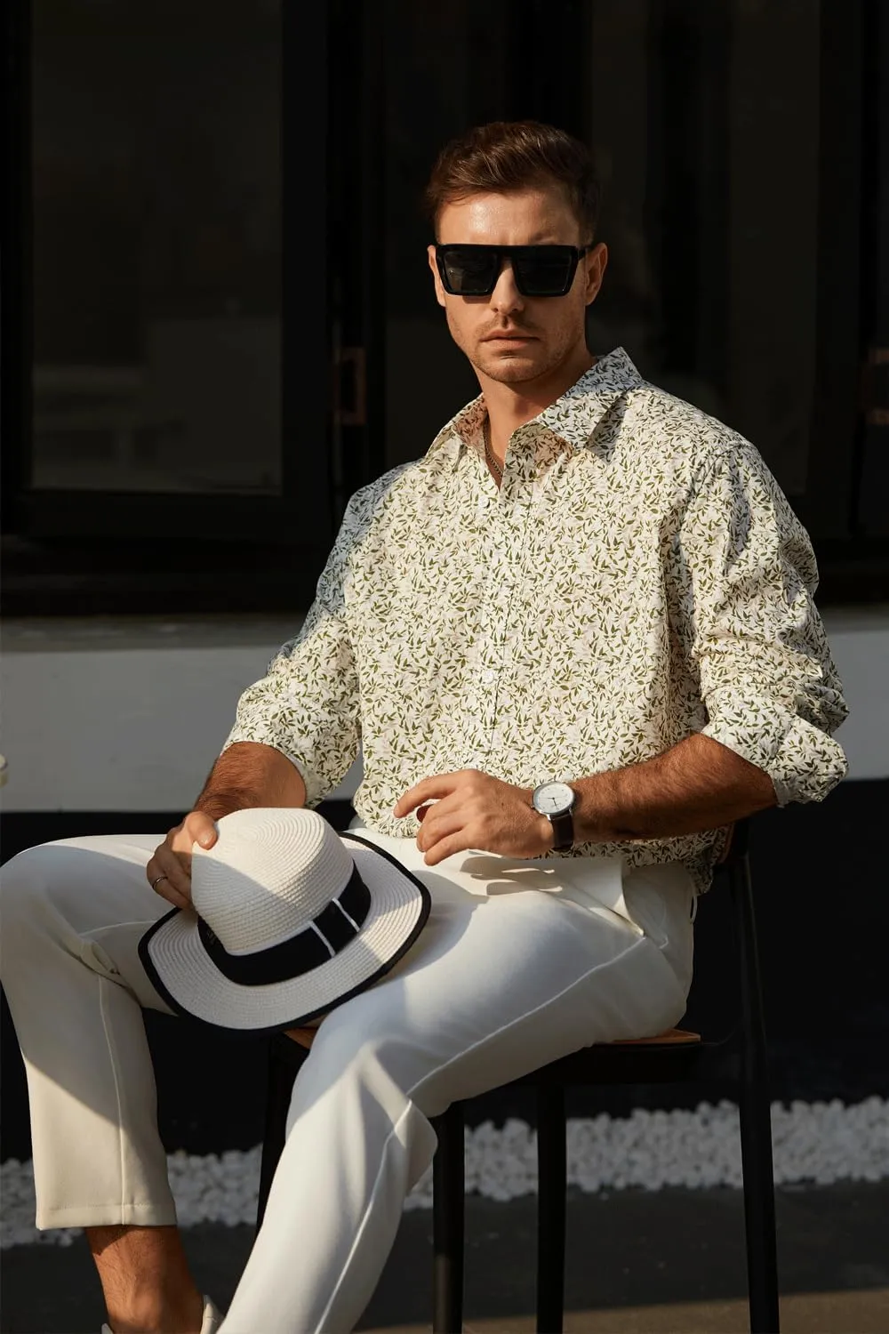 Men's Floral Dress Button Down Shirt Mens Long Sleeve Casual Cotton Shirt