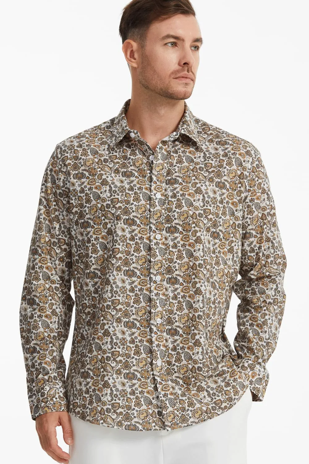 Men's Floral Dress Button Down Shirt Mens Long Sleeve Casual Cotton Shirt