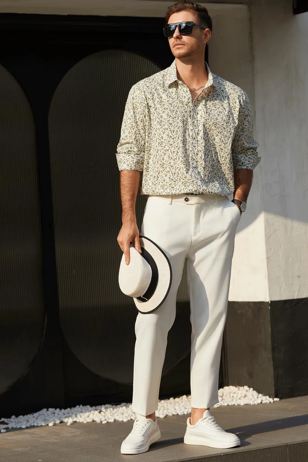 Men's Floral Dress Button Down Shirt Mens Long Sleeve Casual Cotton Shirt