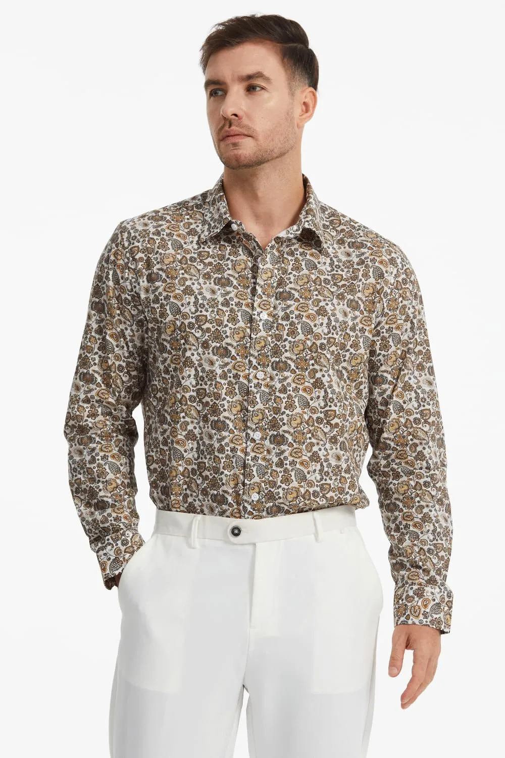 Men's Floral Dress Button Down Shirt Mens Long Sleeve Casual Cotton Shirt