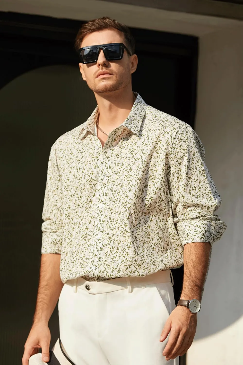 Men's Floral Dress Button Down Shirt Mens Long Sleeve Casual Cotton Shirt