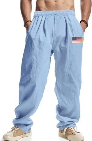 Mens Linen Pants Casual Fashion Vintage Loose Fit Wide Legs Trousers Solid Color Drawstring Waisted Pants Pockets