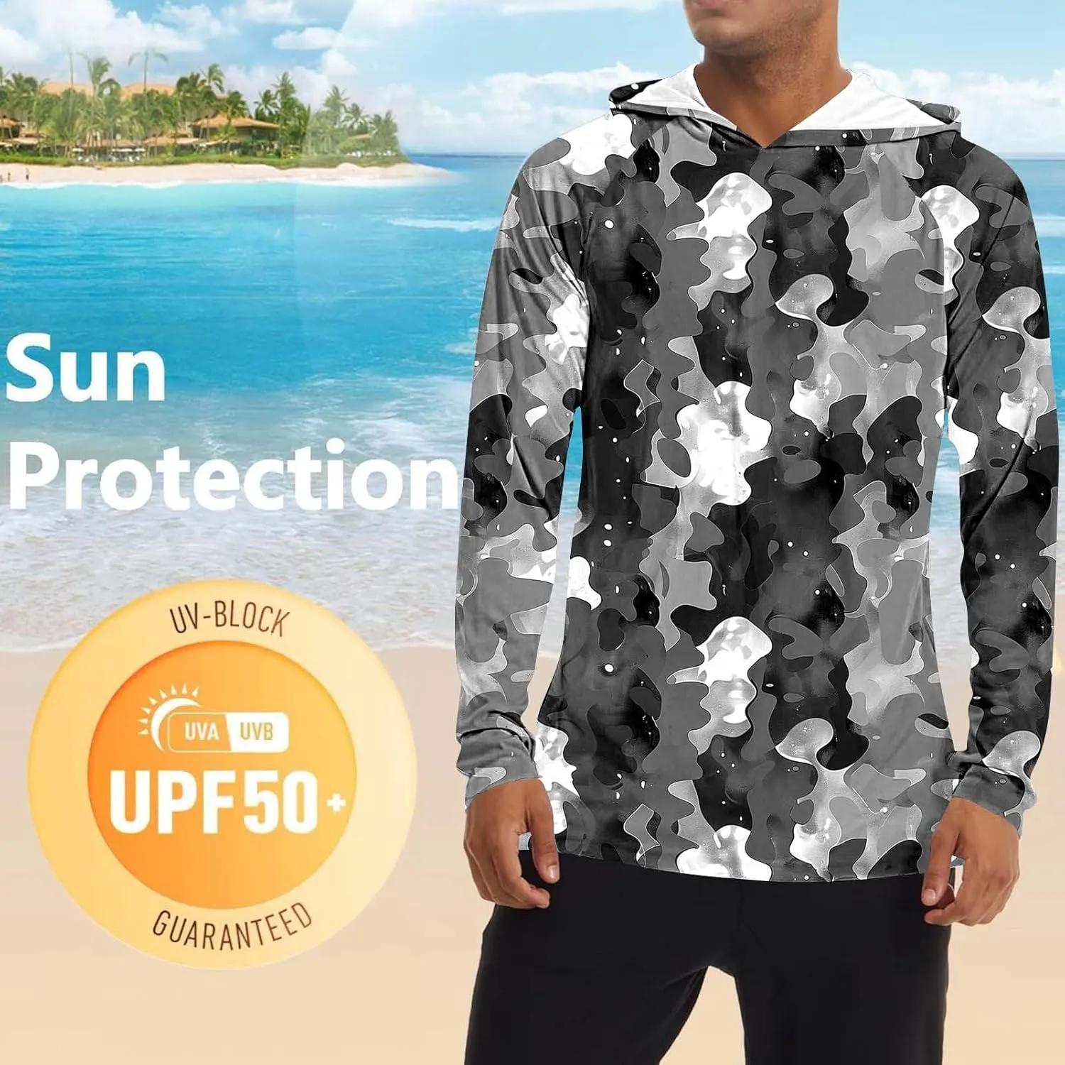 Men's Sun Protection Hoodie Shirt UPF 50  Long Sleeve Rash Guard Outdoor Fishing Lightweight Camo Quick Dry UV Shirts