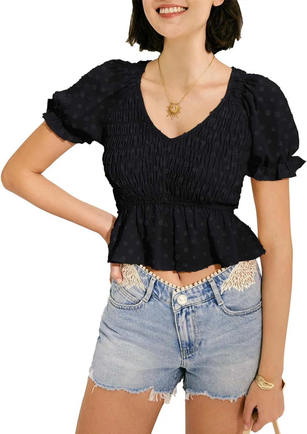MIHOLL Peplum Tops for Women Summer Cute Crop Babydoll Puff Sleeve Shirts Dressy Casual Short Sleeve V Neck Blouses