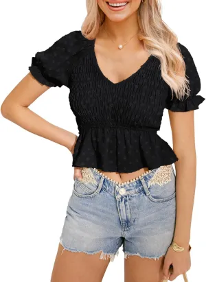 MIHOLL Peplum Tops for Women Summer Cute Crop Babydoll Puff Sleeve Shirts Dressy Casual Short Sleeve V Neck Blouses
