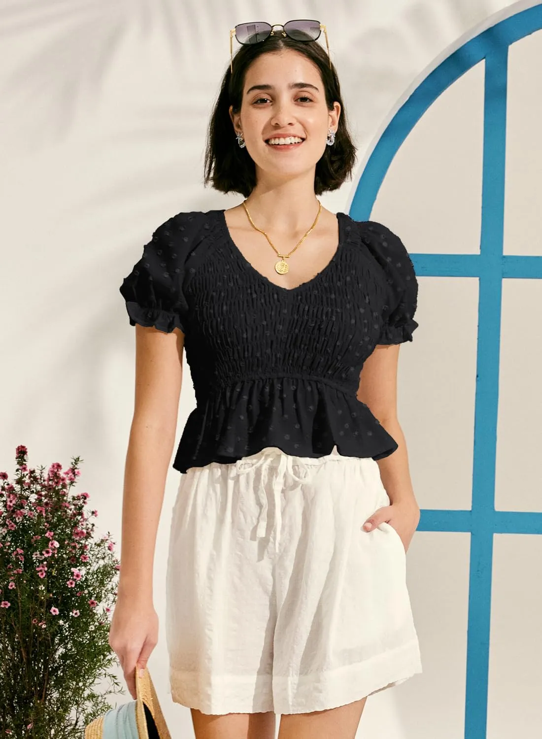 MIHOLL Peplum Tops for Women Summer Cute Crop Babydoll Puff Sleeve Shirts Dressy Casual Short Sleeve V Neck Blouses