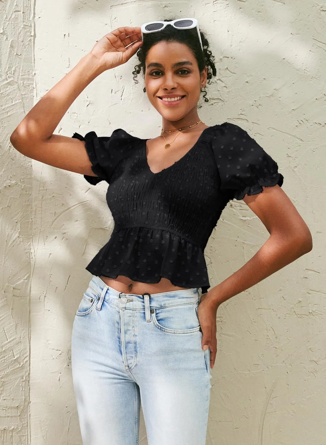 MIHOLL Peplum Tops for Women Summer Cute Crop Babydoll Puff Sleeve Shirts Dressy Casual Short Sleeve V Neck Blouses