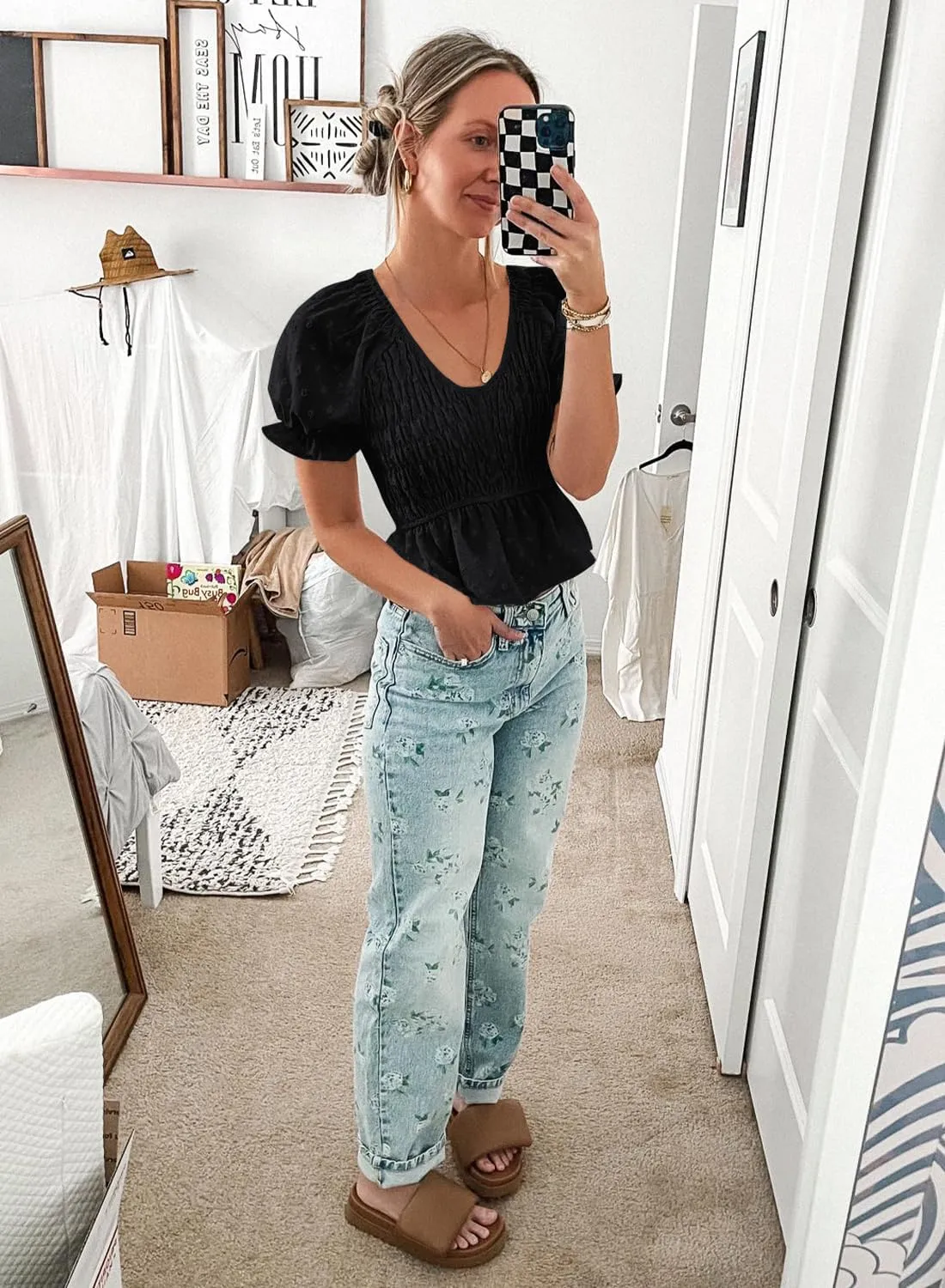 MIHOLL Peplum Tops for Women Summer Cute Crop Babydoll Puff Sleeve Shirts Dressy Casual Short Sleeve V Neck Blouses