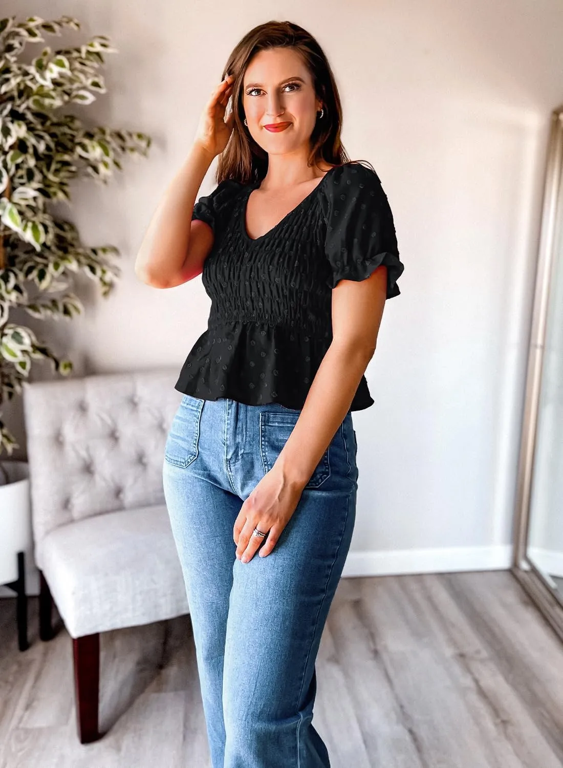 MIHOLL Peplum Tops for Women Summer Cute Crop Babydoll Puff Sleeve Shirts Dressy Casual Short Sleeve V Neck Blouses