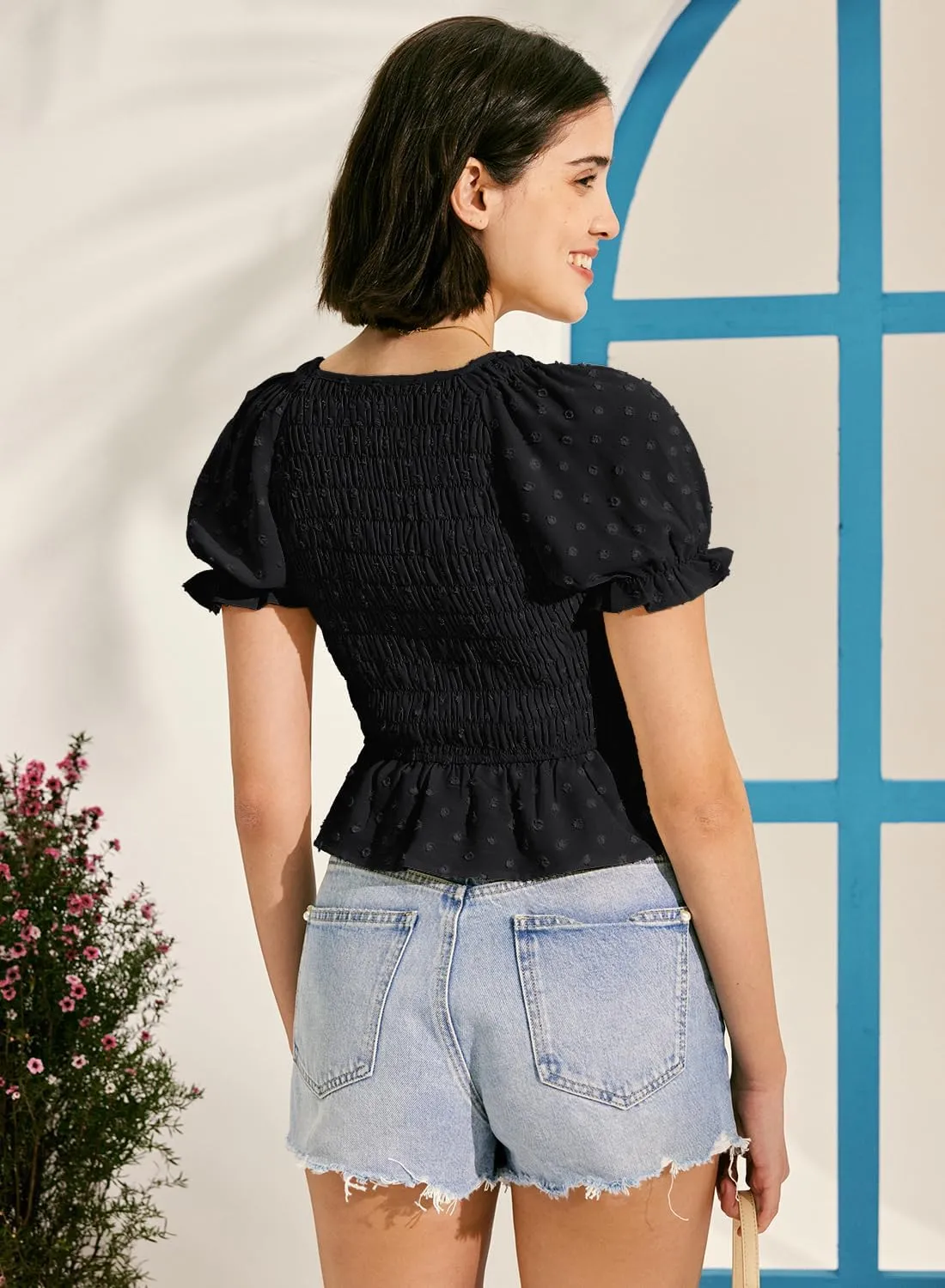 MIHOLL Peplum Tops for Women Summer Cute Crop Babydoll Puff Sleeve Shirts Dressy Casual Short Sleeve V Neck Blouses