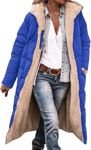 Miyaomn Womens Oversized Padded Long Coats Reversible Winter Sherpa Fleece Lined Hooded Puffer Jackets Outerwear with Pockets