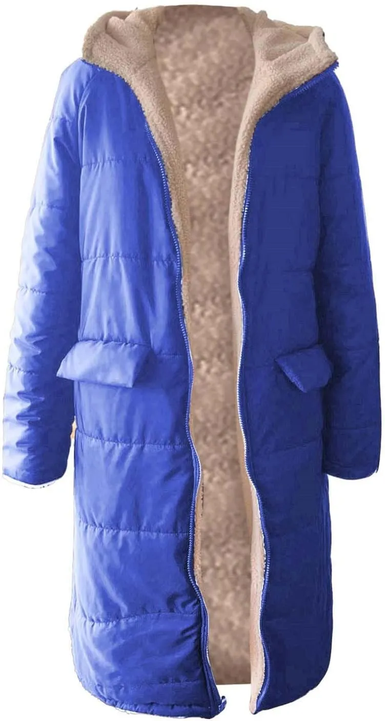 Miyaomn Womens Oversized Padded Long Coats Reversible Winter Sherpa Fleece Lined Hooded Puffer Jackets Outerwear with Pockets