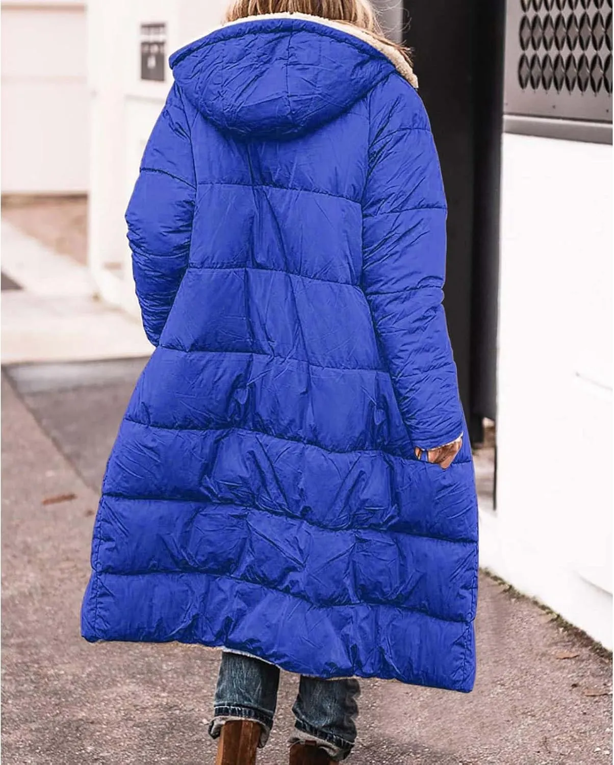 Miyaomn Womens Oversized Padded Long Coats Reversible Winter Sherpa Fleece Lined Hooded Puffer Jackets Outerwear with Pockets