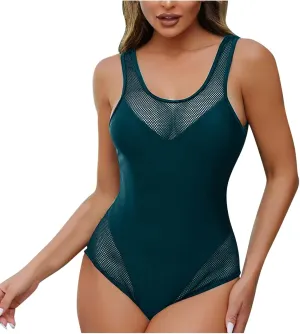 Modest Swimsuits for Women Fashion Mesh Patchwork One Piece Backless Padded Swimwear Summer Tummy Control Swimsuit