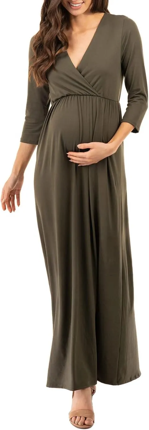 Mother Bee Maternity V-Neck 3/4 Sleeve Ruched Waist Dress