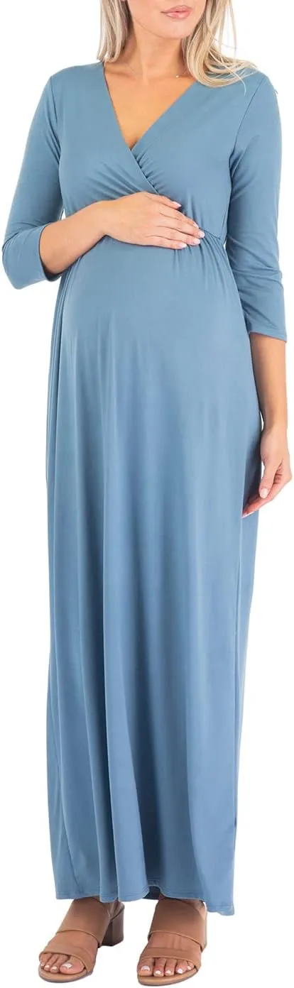 Mother Bee Maternity V-Neck 3/4 Sleeve Ruched Waist Dress