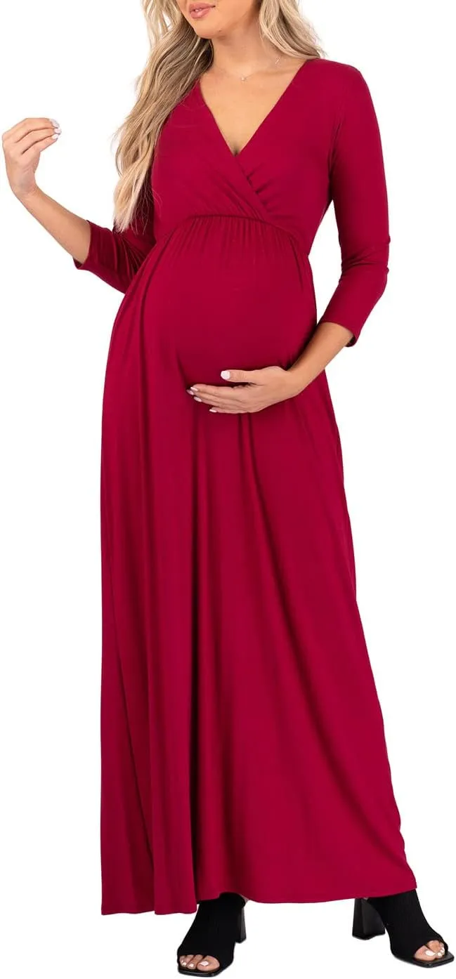 Mother Bee Maternity V-Neck 3/4 Sleeve Ruched Waist Dress