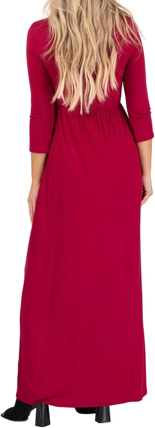 Mother Bee Maternity V-Neck 3/4 Sleeve Ruched Waist Dress