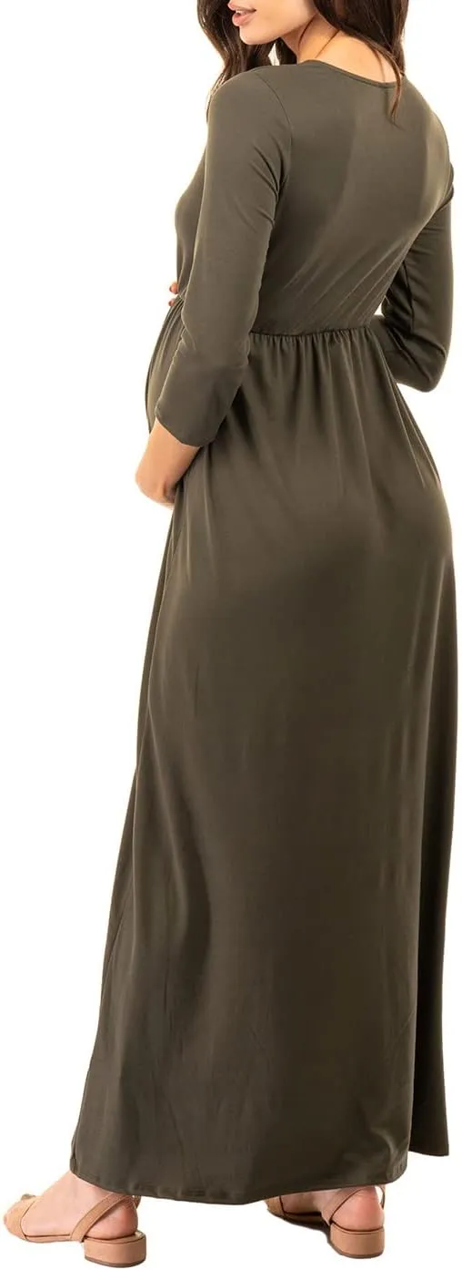 Mother Bee Maternity V-Neck 3/4 Sleeve Ruched Waist Dress