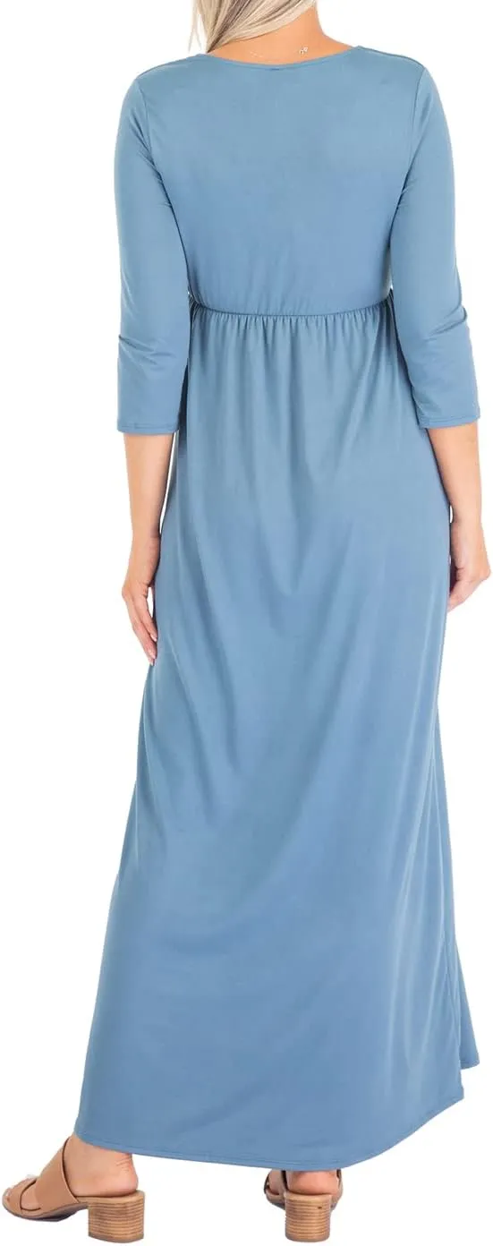 Mother Bee Maternity V-Neck 3/4 Sleeve Ruched Waist Dress