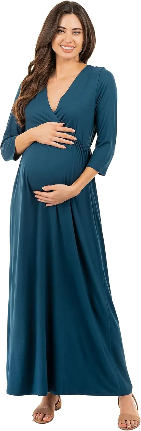 Mother Bee Maternity V-Neck 3/4 Sleeve Ruched Waist Dress
