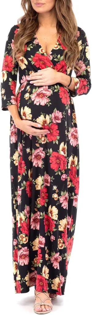 Mother Bee Maternity V-Neck 3/4 Sleeve Ruched Waist Dress