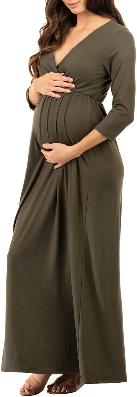 Mother Bee Maternity V-Neck 3/4 Sleeve Ruched Waist Dress