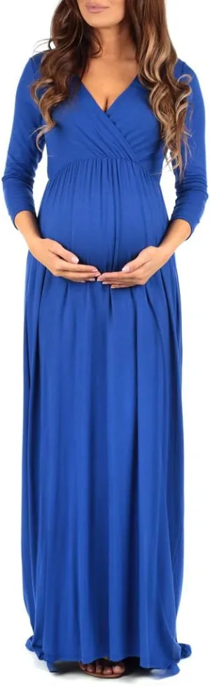 Mother Bee Maternity V-Neck 3/4 Sleeve Ruched Waist Dress