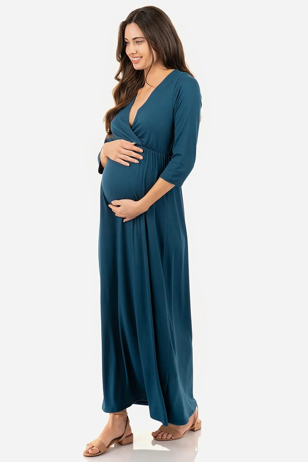 Mother Bee Maternity V-Neck 3/4 Sleeve Ruched Waist Dress