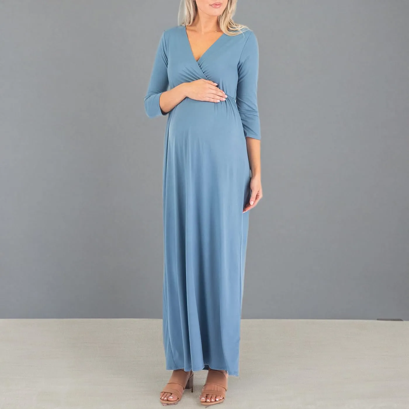 Mother Bee Maternity V-Neck 3/4 Sleeve Ruched Waist Dress