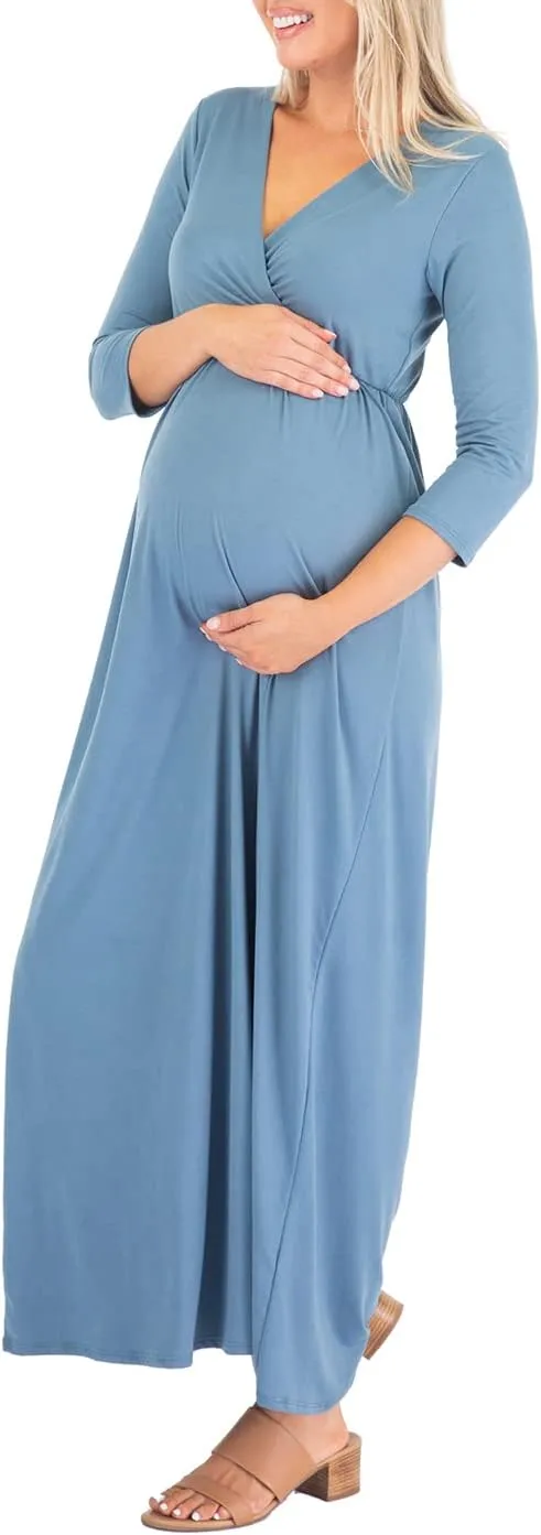 Mother Bee Maternity V-Neck 3/4 Sleeve Ruched Waist Dress