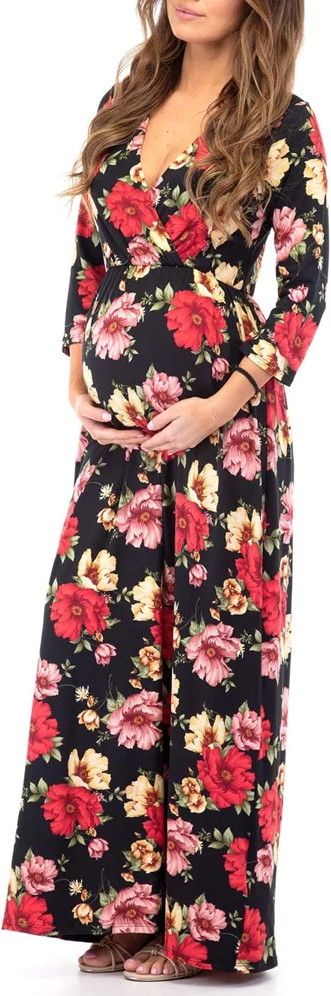 Mother Bee Maternity V-Neck 3/4 Sleeve Ruched Waist Dress