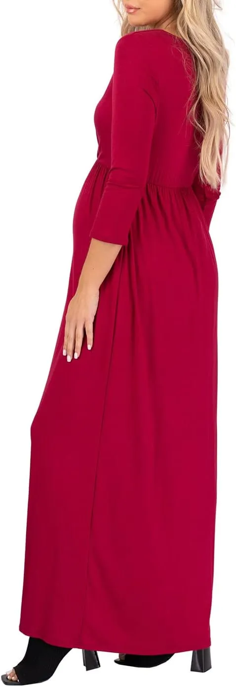 Mother Bee Maternity V-Neck 3/4 Sleeve Ruched Waist Dress