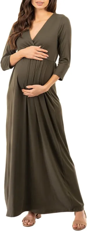 Mother Bee Maternity V-Neck 3/4 Sleeve Ruched Waist Dress