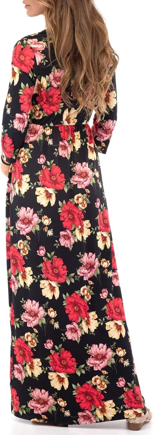 Mother Bee Maternity V-Neck 3/4 Sleeve Ruched Waist Dress