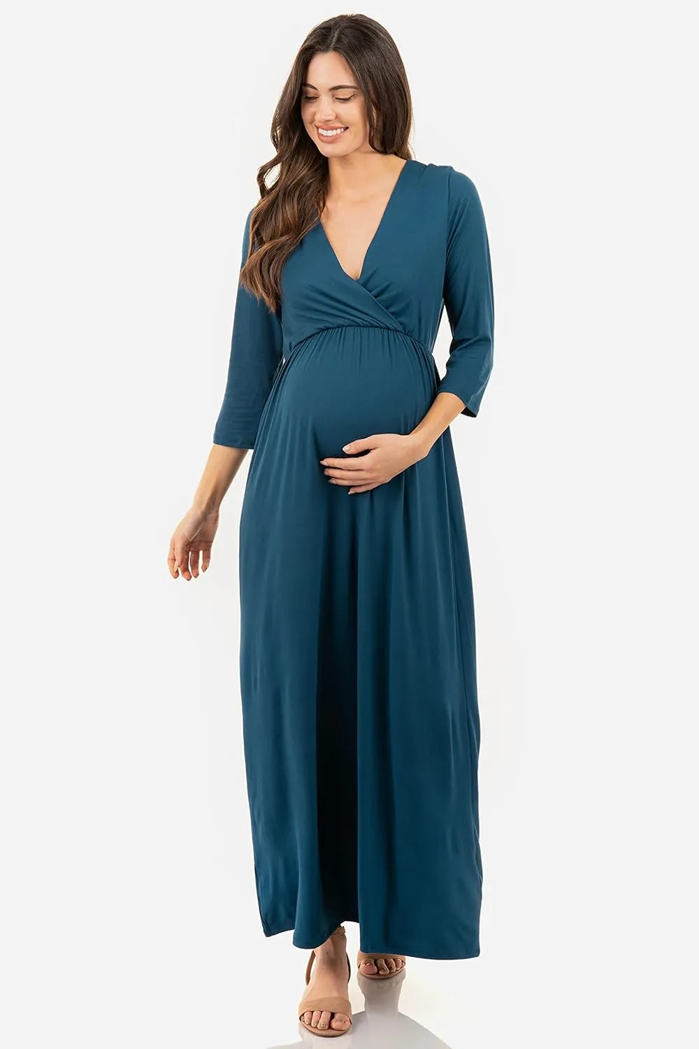 Mother Bee Maternity V-Neck 3/4 Sleeve Ruched Waist Dress