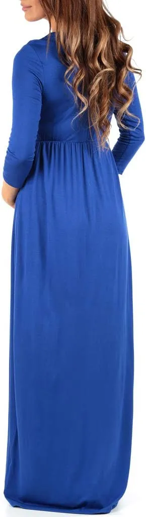 Mother Bee Maternity V-Neck 3/4 Sleeve Ruched Waist Dress