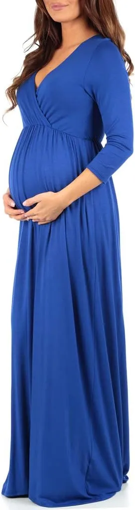 Mother Bee Maternity V-Neck 3/4 Sleeve Ruched Waist Dress