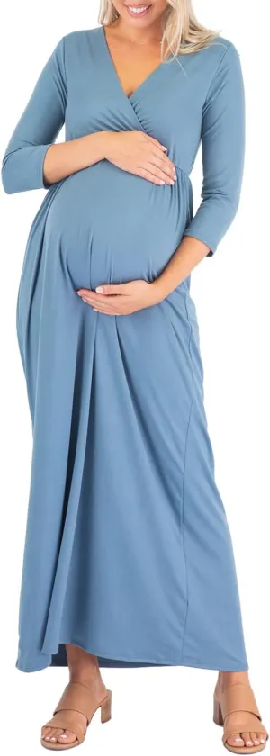 Mother Bee Maternity V-Neck 3/4 Sleeve Ruched Waist Dress