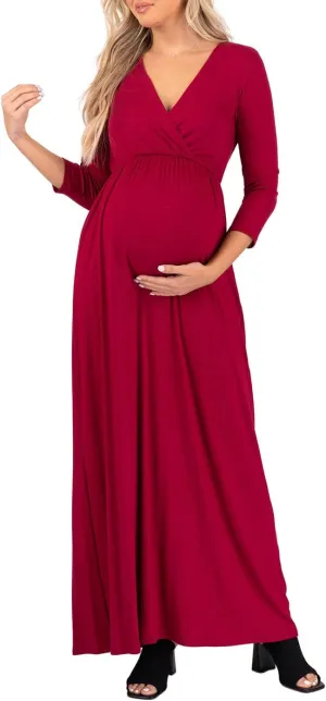 Mother Bee Maternity V-Neck 3/4 Sleeve Ruched Waist Dress