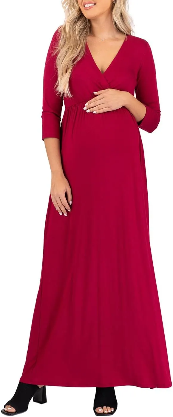 Mother Bee Maternity V-Neck 3/4 Sleeve Ruched Waist Dress