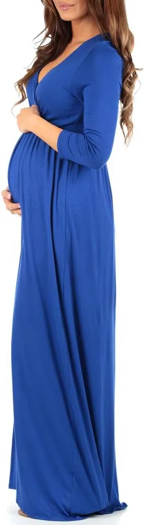 Mother Bee Maternity V-Neck 3/4 Sleeve Ruched Waist Dress