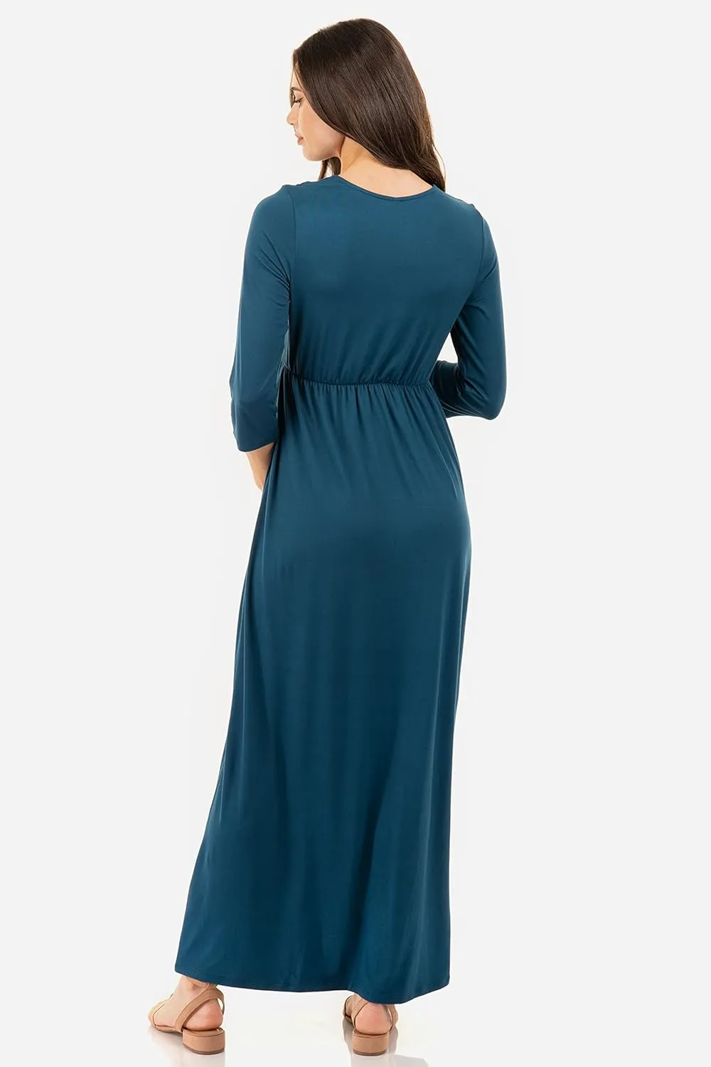 Mother Bee Maternity V-Neck 3/4 Sleeve Ruched Waist Dress