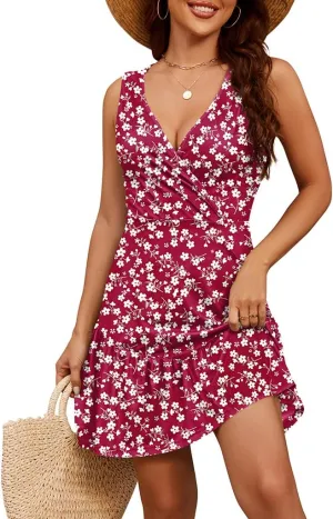 Naggoo Womens Sundresses Summer Sleeveless Floral Dress Wrap V Neck Tank Dress