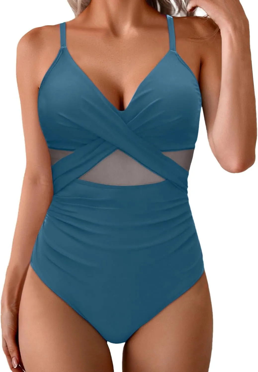 NATHGAM One Piece Swimsuit Women High Waisted Tummy Control Swimsuits Adjustable Strap Twist Front Mesh Bathing Suit Swimwear