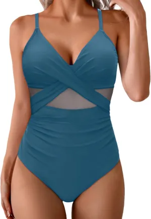 NATHGAM One Piece Swimsuit Women High Waisted Tummy Control Swimsuits Adjustable Strap Twist Front Mesh Bathing Suit Swimwear