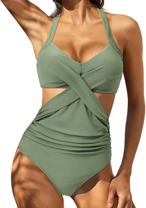 NATHGAM Women One Piece Swimsuit Crisscross Back Tummy Control Swimsuits Twist Front High Waisted Bathing Suit Sexy Swimwear