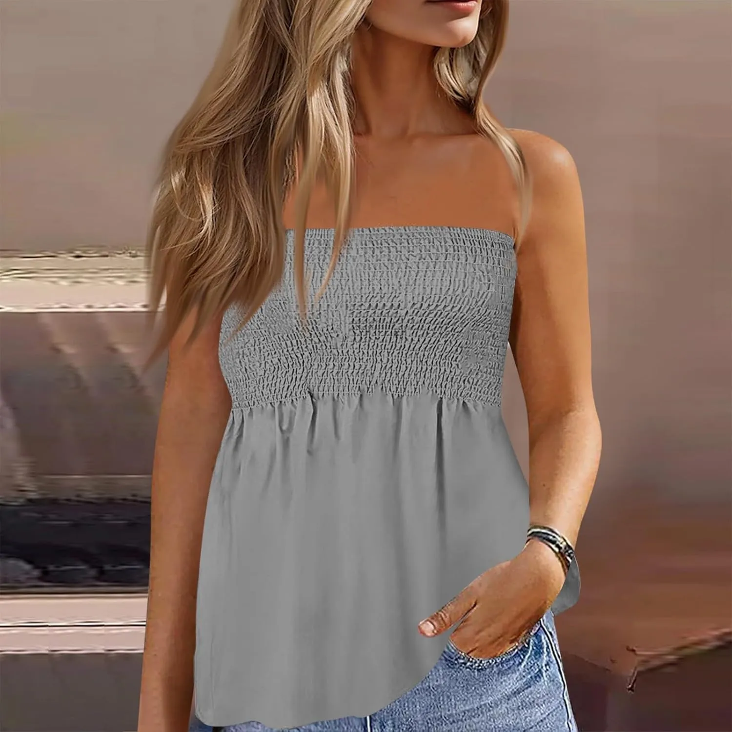 NBXNZWF Womens Tube Tops Off The Shoulder Smocked Strapless Sexy Tanks Summer Casual Bandeau Sleeveless Backless Shirts